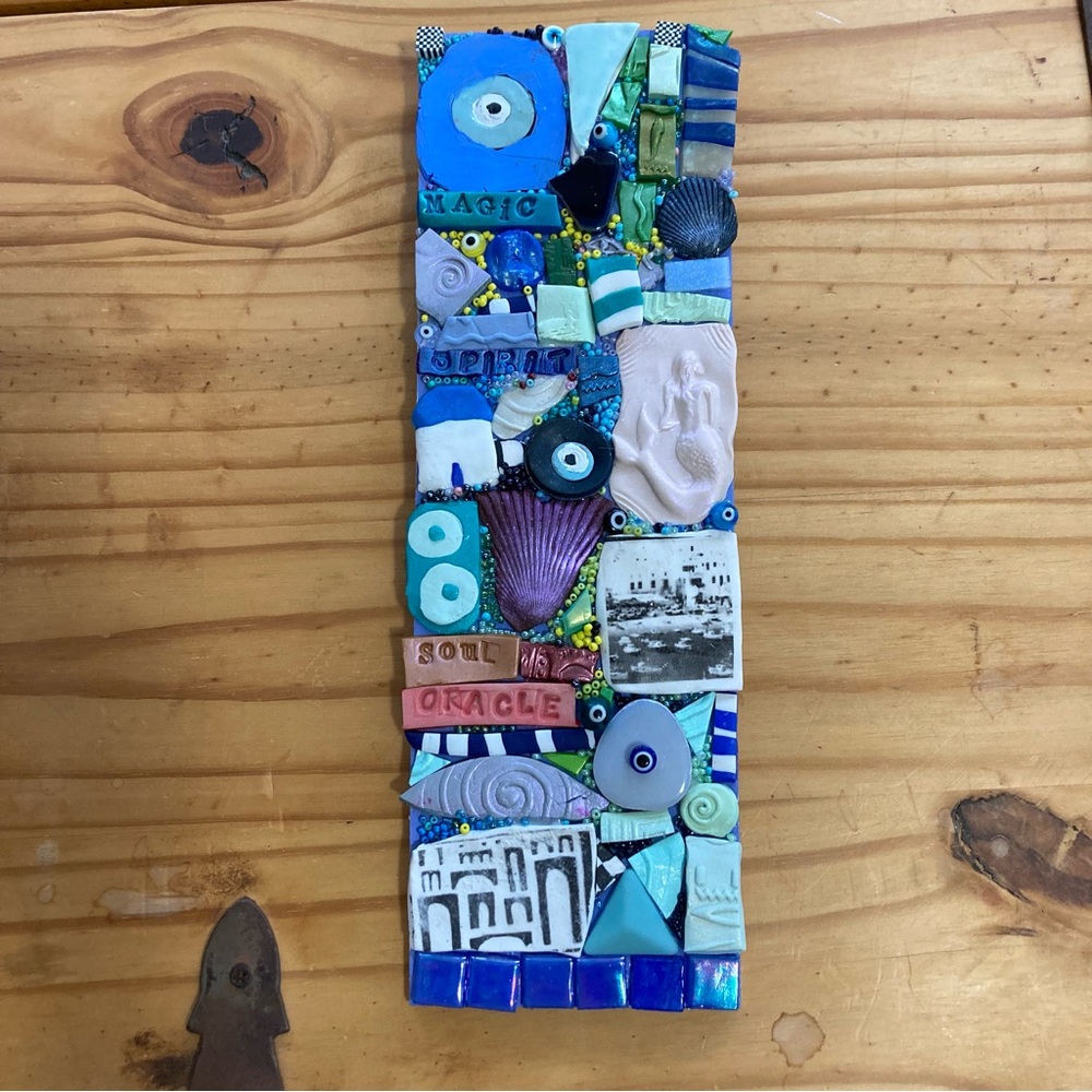 Handmade Clay/Glass Mosaic Art” Island Magic “Polymer Clay Original On Wood